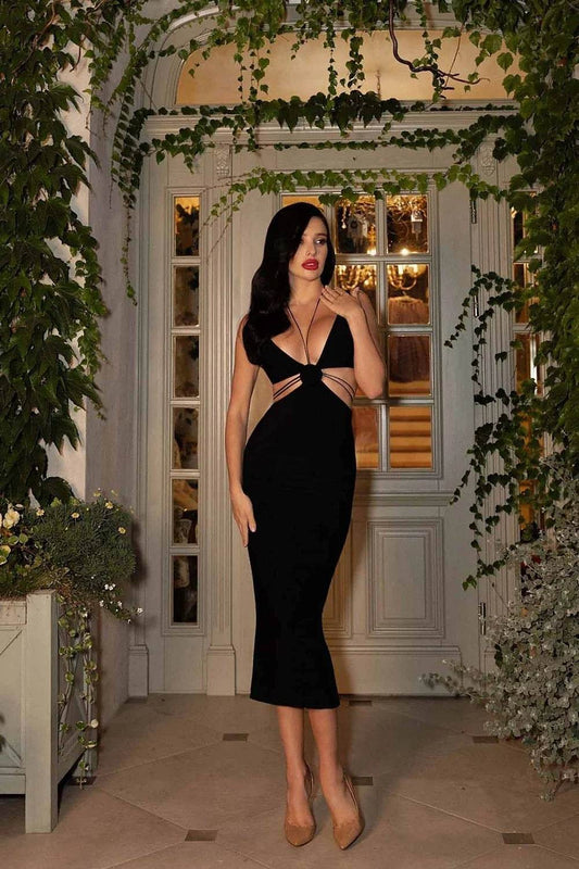 Hollow Out Sleeveless Halter Slim Midi Dress - REBECATHELABEL