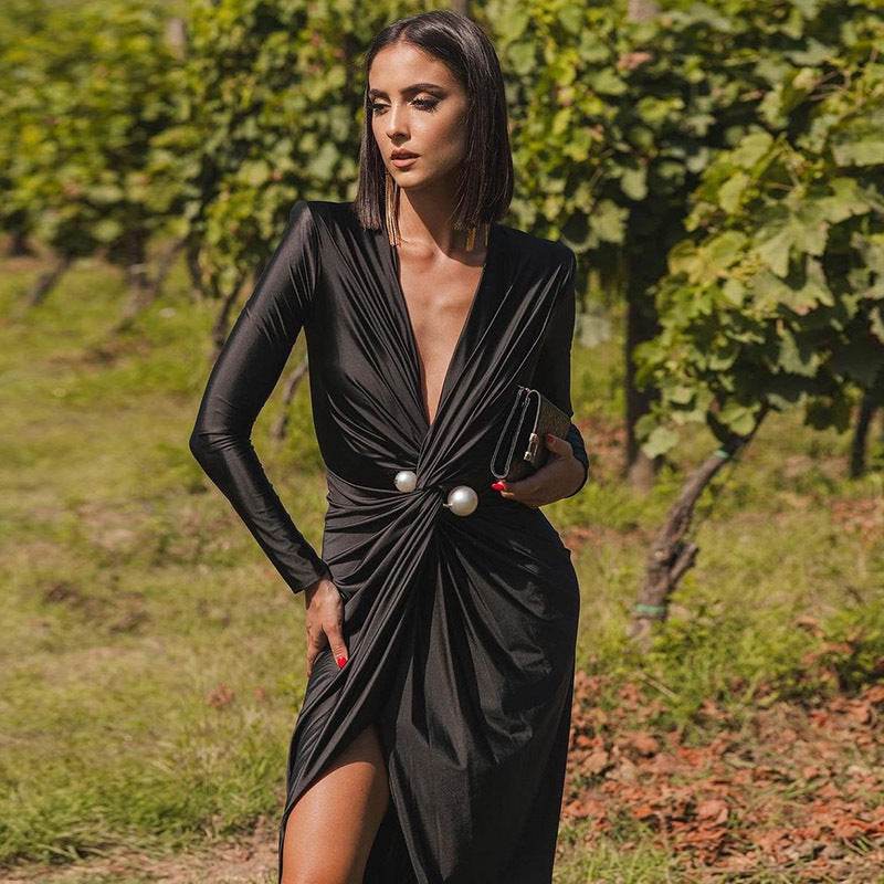 Deep V Plunge Neck Long Sleeve Split Dress - REBECATHELABEL