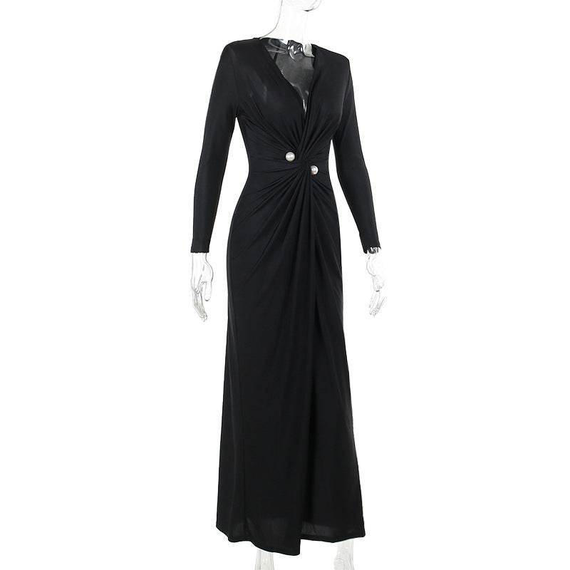 Deep V Plunge Neck Long Sleeve Split Dress - REBECATHELABEL