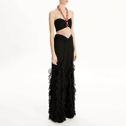 Black Short Top Ruffle Edge Long Pants 2-piece Set - REBECATHELABEL