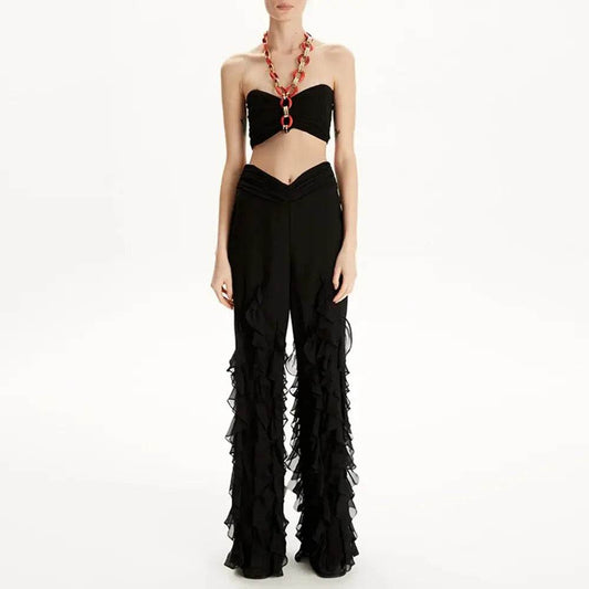 Black Short Top Ruffle Edge Long Pants 2-piece Set - REBECATHELABEL