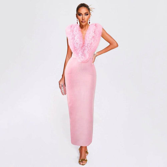 V-Neck Sleeveless Plush Feather Tight Fit Midi Bandage Dress - REBECATHELABEL