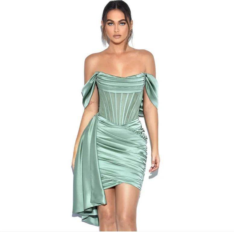 Kendal Basil Satin dress - REBECATHELABEL
