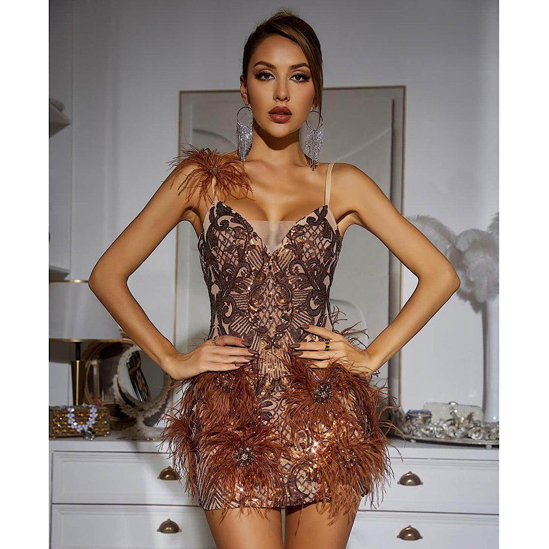 Kim Mesh Sequin Feather Mini Dress - REBECATHELABEL