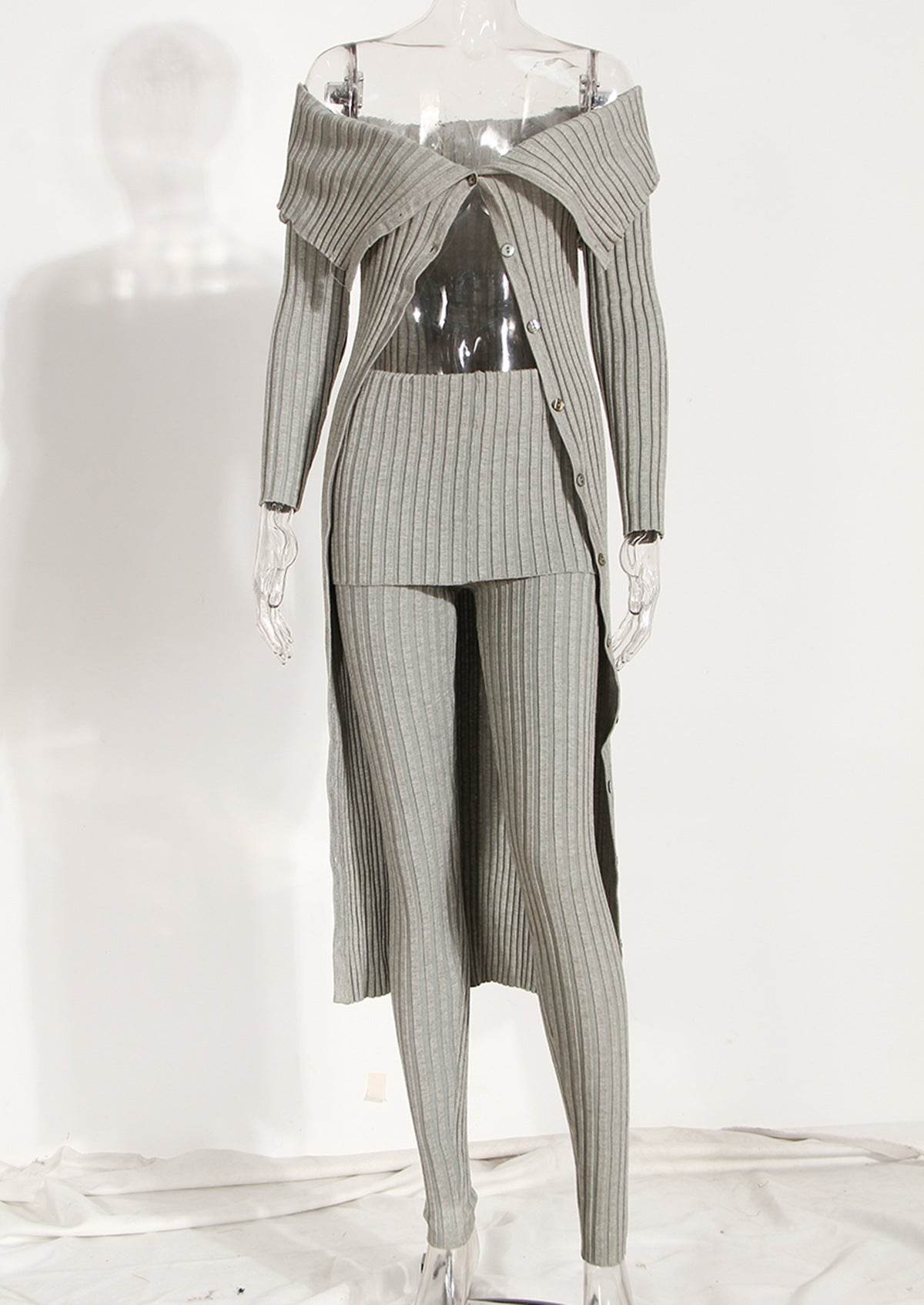 Knitted Cardigan Slash Neck Silm Single Breasted Long Sleeve set - REBECATHELABEL