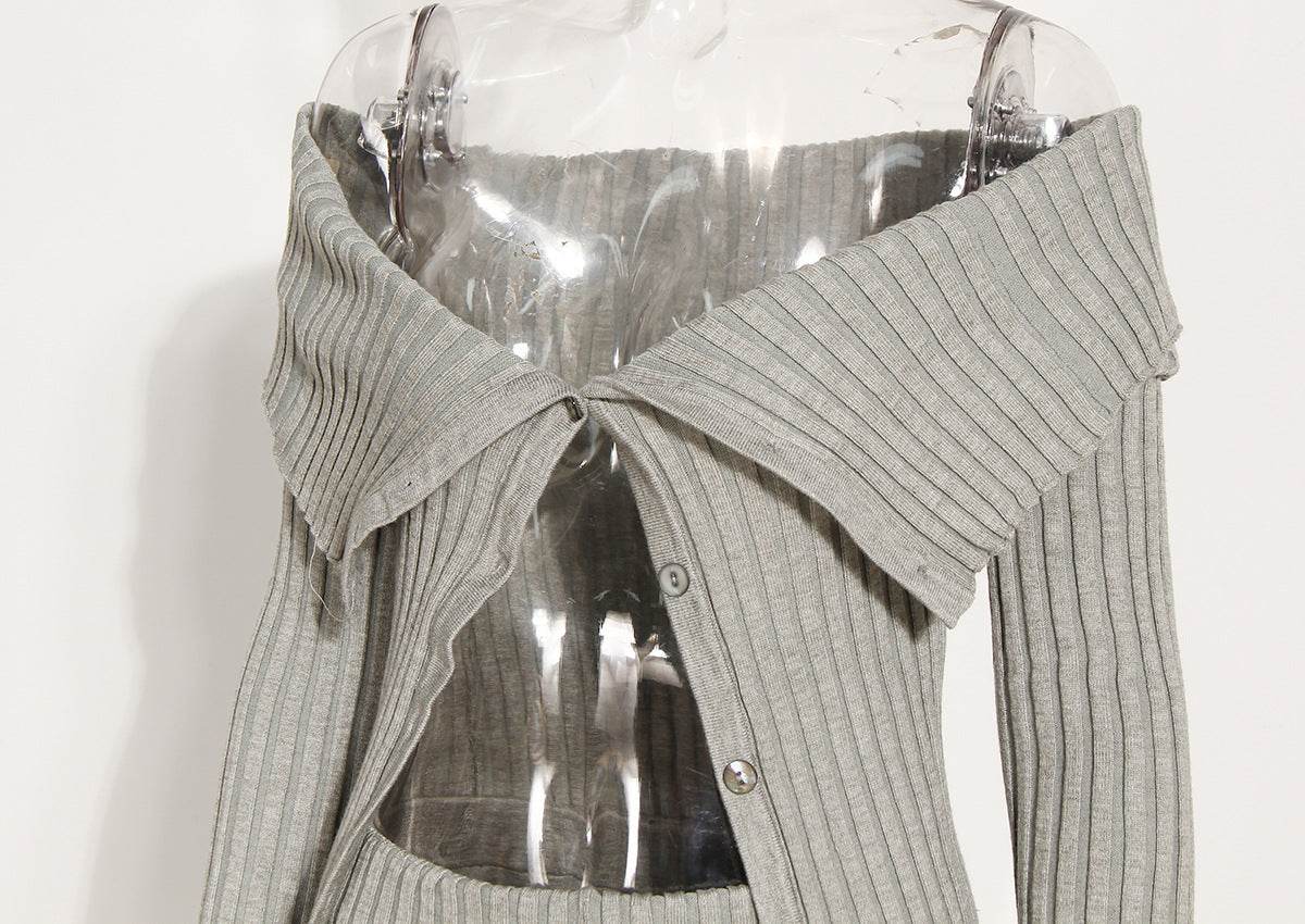 Knitted Cardigan Slash Neck Silm Single Breasted Long Sleeve set - REBECATHELABEL