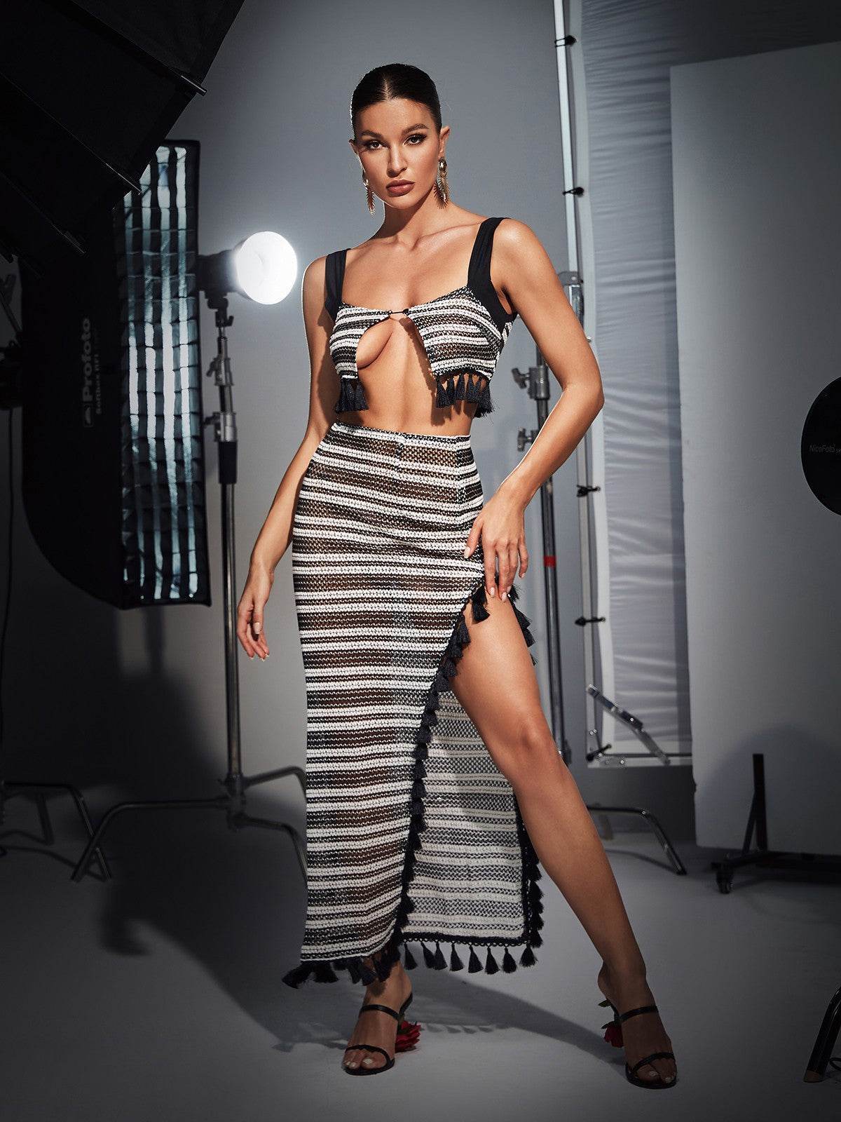 Knitted Fringe Patchwork Asymmetric Skirt Set - REBECATHELABEL