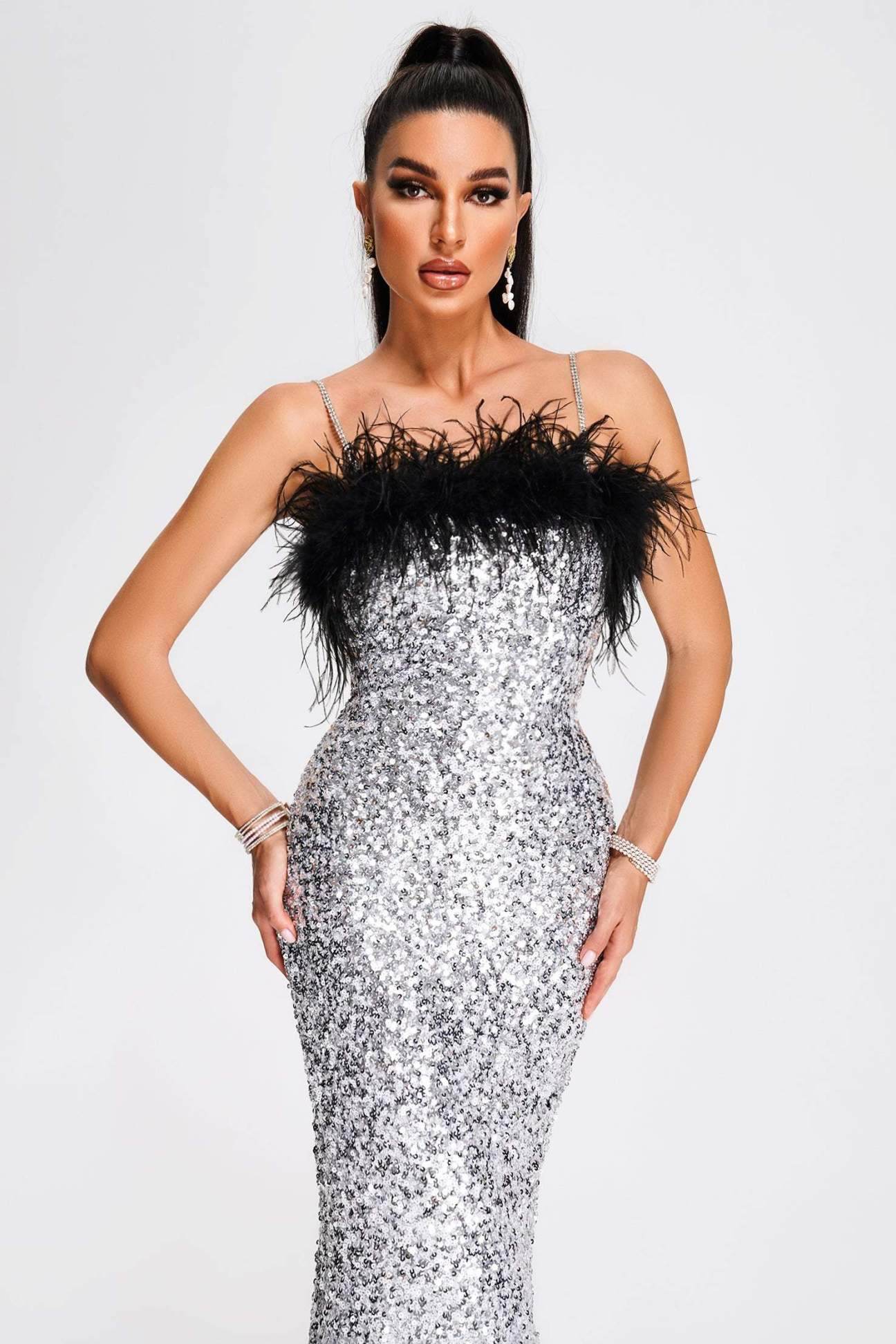 Koko Feather Sequin Midi Dress - REBECATHELABEL