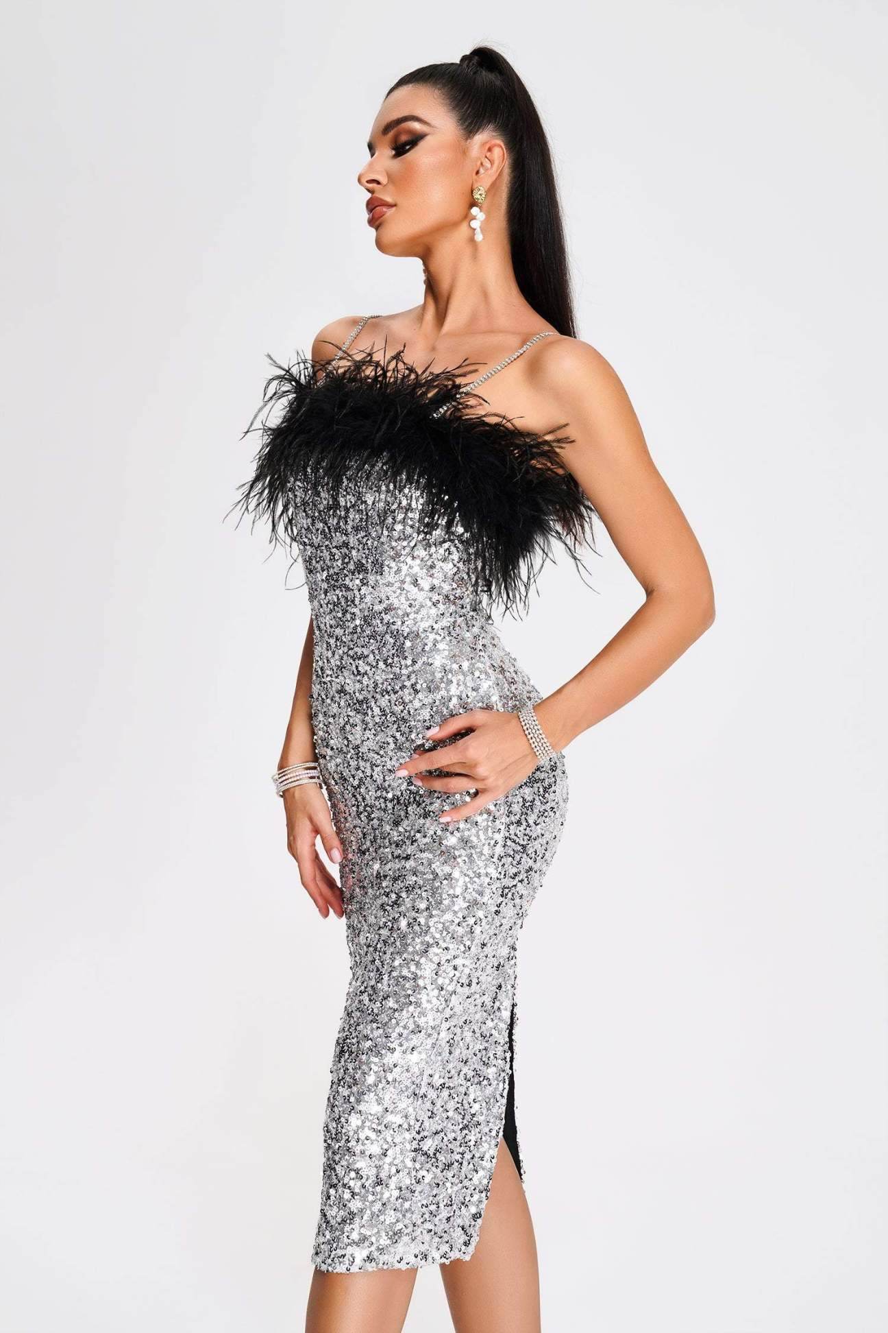 Koko Feather Sequin Midi Dress - REBECATHELABEL