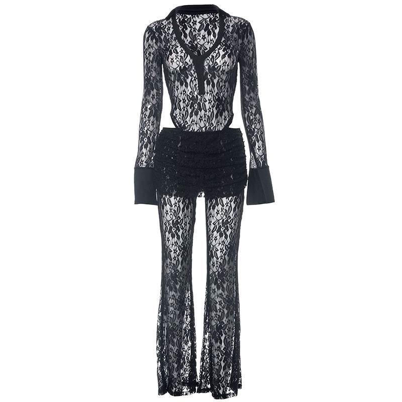 Lace Collared Long Sleeve Top Bell Bottom Pants Casual Two Piece Set - REBECATHELABEL