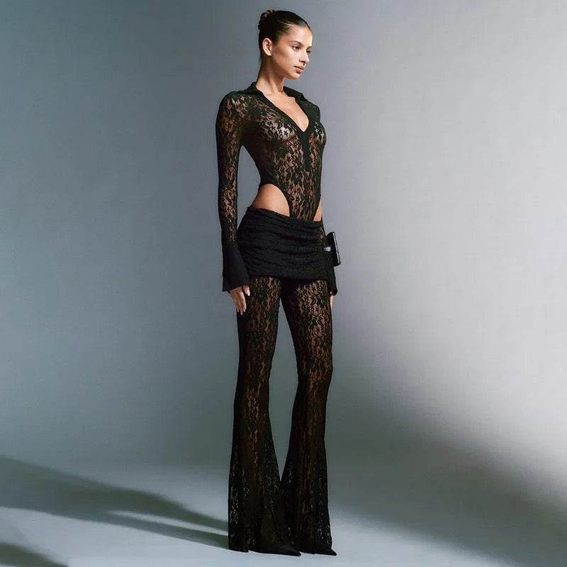 Lace Collared Long Sleeve Top Bell Bottom Pants Casual Two Piece Set - REBECATHELABEL