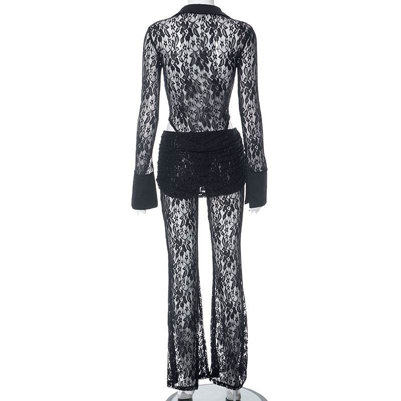 Lace Collared Long Sleeve Top Bell Bottom Pants Casual Two Piece Set - REBECATHELABEL