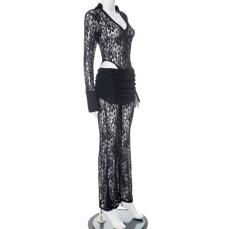 Lace Collared Long Sleeve Top Bell Bottom Pants Casual Two Piece Set - REBECATHELABEL