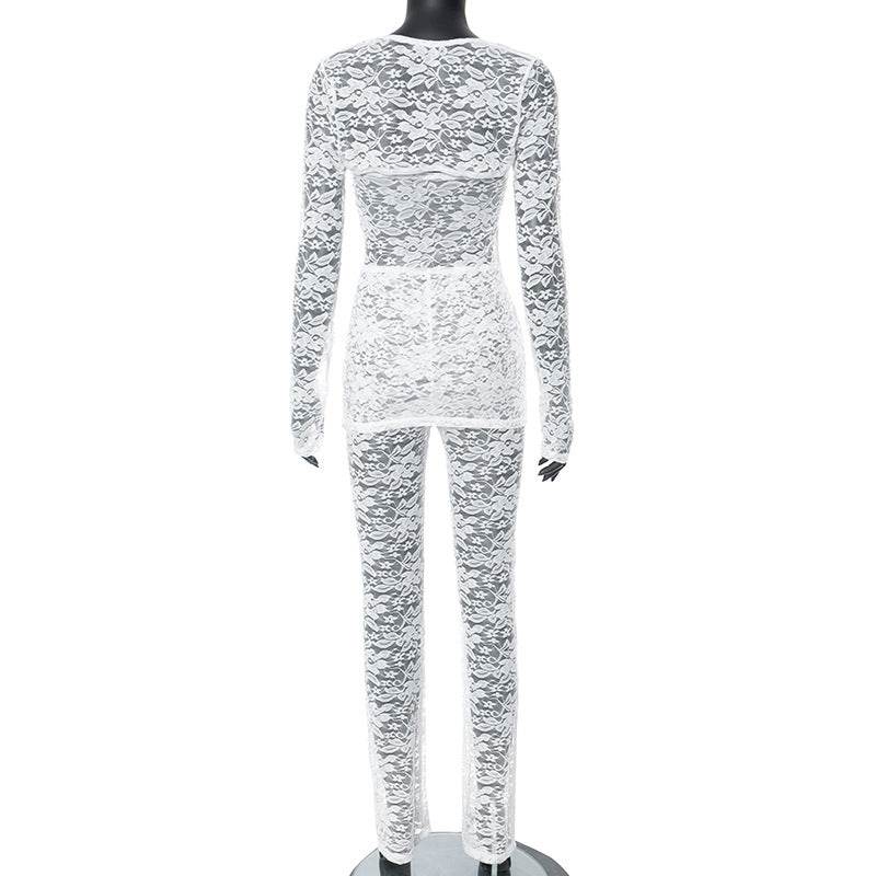 Lace See through Sexy Blouse Three Piece Pants - REBECATHELABEL
