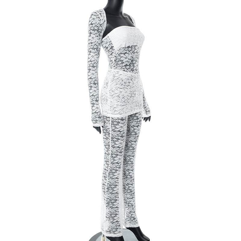 Lace See through Sexy Blouse Three Piece Pants - REBECATHELABEL