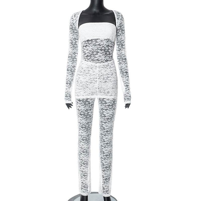 Lace See through Sexy Blouse Three Piece Pants - REBECATHELABEL