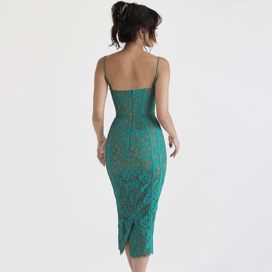 Lace V-Neck Sleeveless Midi Bandage Dress - REBECATHELABEL