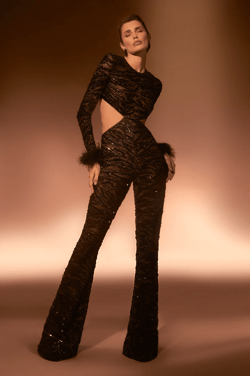 Leatrice sequin feather jumpsuit - REBECATHELABEL