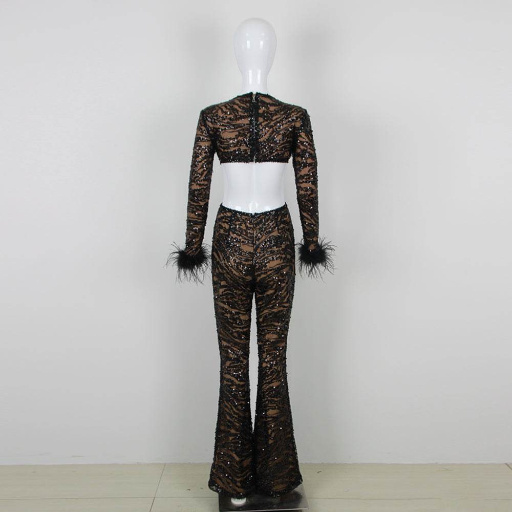 Leatrice sequin feather jumpsuit - REBECATHELABEL