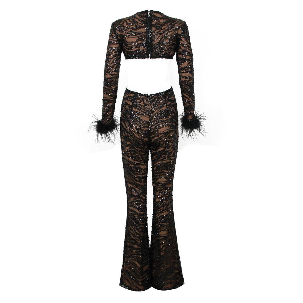 Leatrice sequin feather jumpsuit - REBECATHELABEL