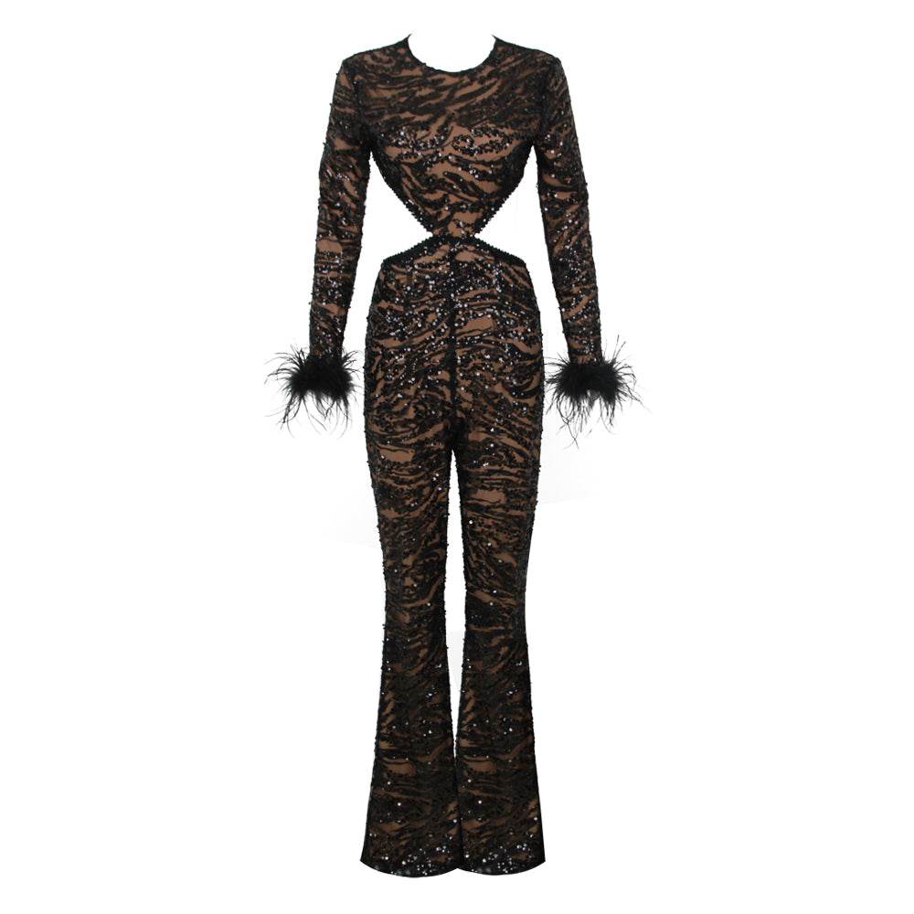 Leatrice sequin feather jumpsuit - REBECATHELABEL