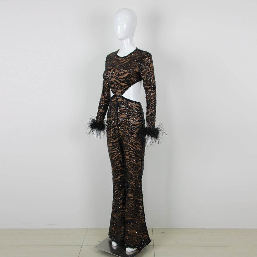 Leatrice sequin feather jumpsuit - REBECATHELABEL