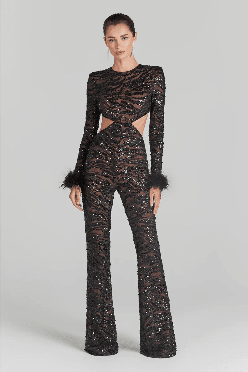 Leatrice sequin feather jumpsuit - REBECATHELABEL