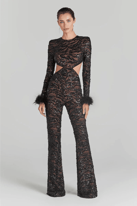 Leatrice sequin feather jumpsuit - REBECATHELABEL