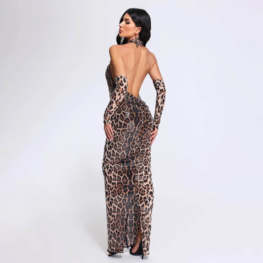 Leopard Sequins Cross Hanging Gloves Neck Backless Dress - REBECATHELABEL