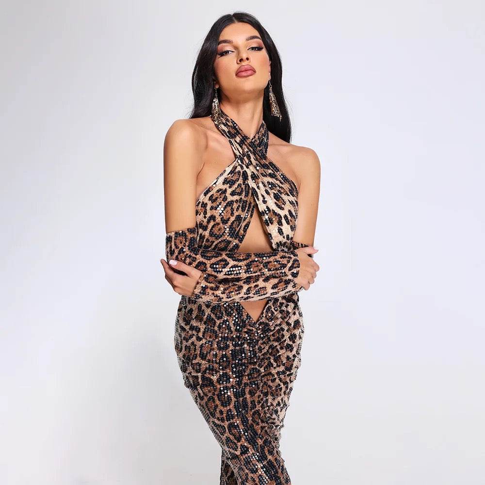 Leopard Sequins Cross Hanging Gloves Neck Backless Dress - REBECATHELABEL