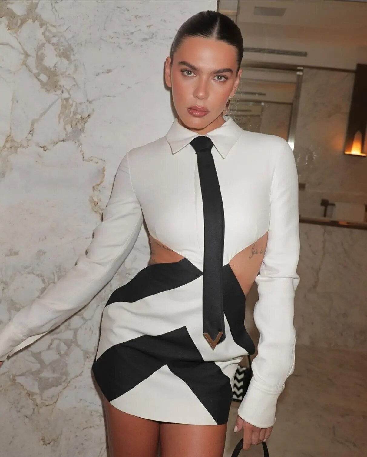 Long Sleeve Black and White Contrast Hollow Mini Tight Bandage Dress - REBECATHELABEL