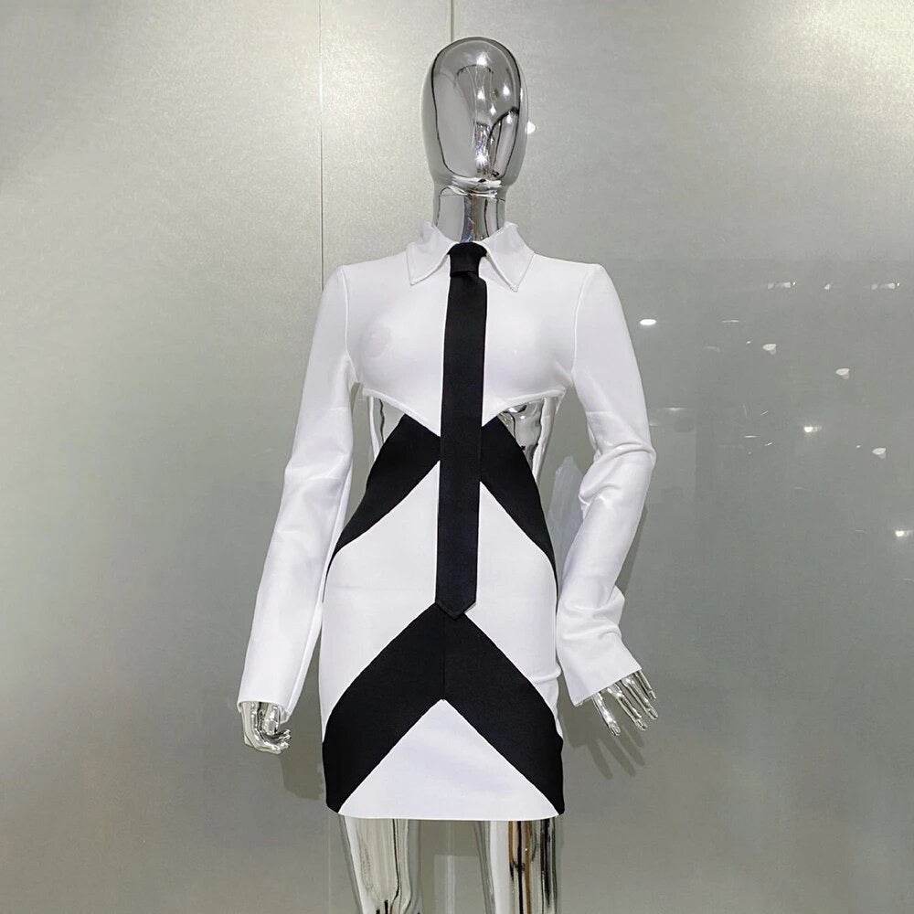 Long Sleeve Black and White Contrast Hollow Mini Tight Bandage Dress - REBECATHELABEL