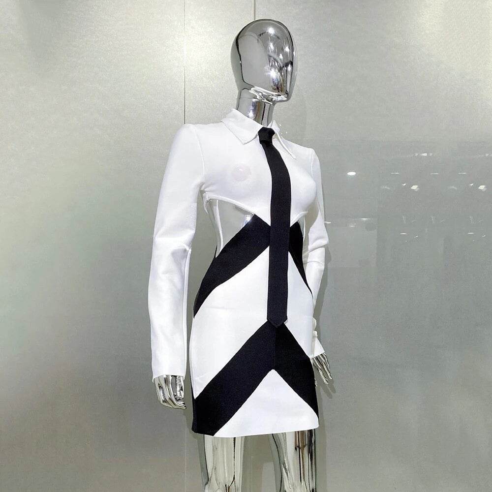 Long Sleeve Black and White Contrast Hollow Mini Tight Bandage Dress - REBECATHELABEL