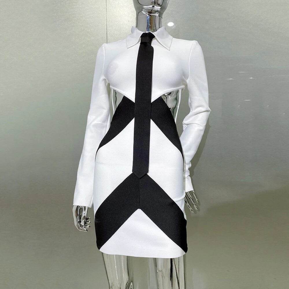 Long Sleeve Black and White Contrast Hollow Mini Tight Bandage Dress - REBECATHELABEL