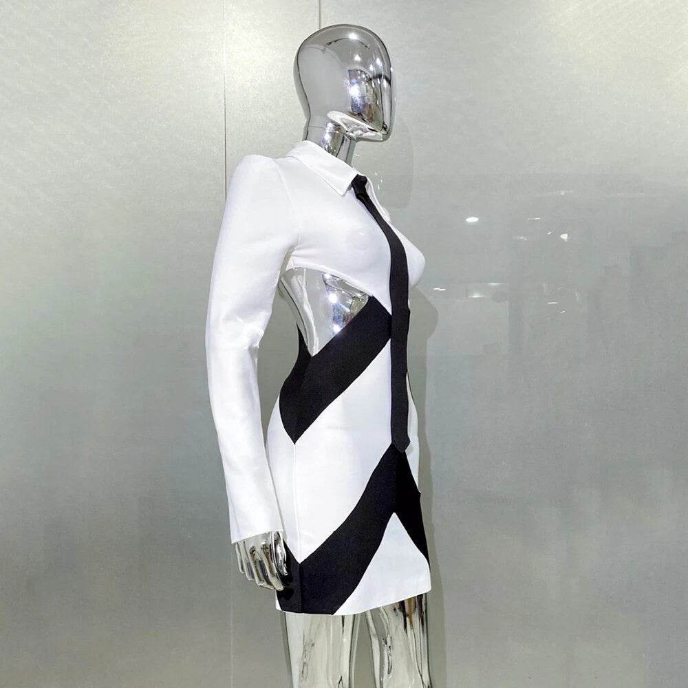 Long Sleeve Black and White Contrast Hollow Mini Tight Bandage Dress - REBECATHELABEL