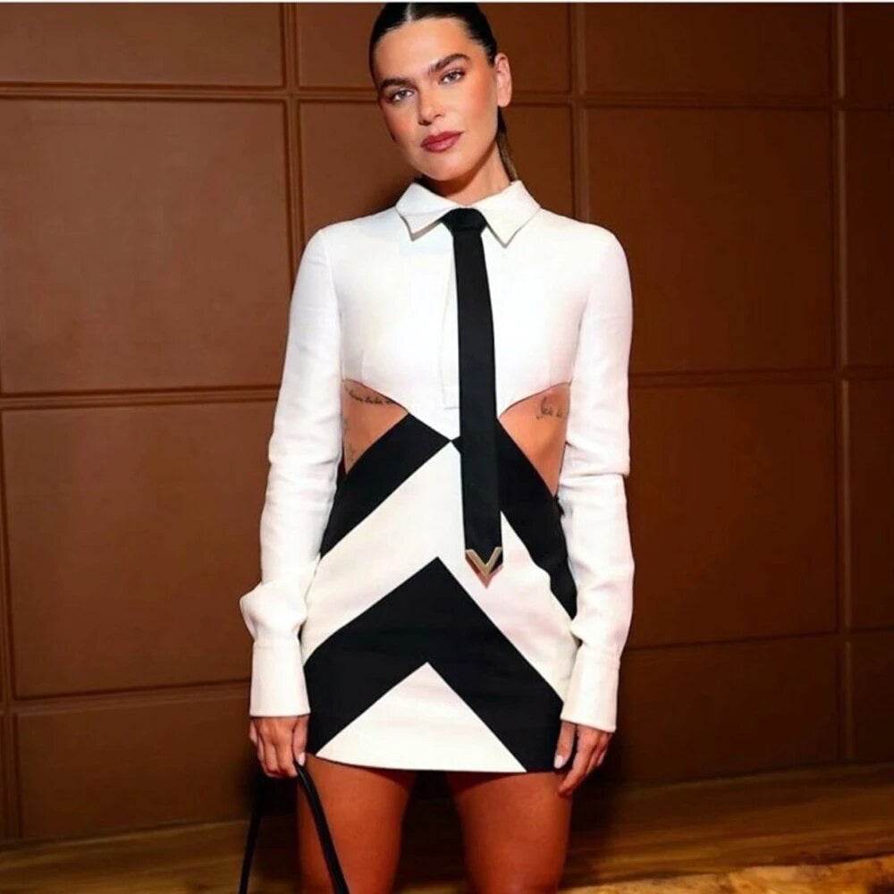 Long Sleeve Black and White Contrast Hollow Mini Tight Bandage Dress - REBECATHELABEL