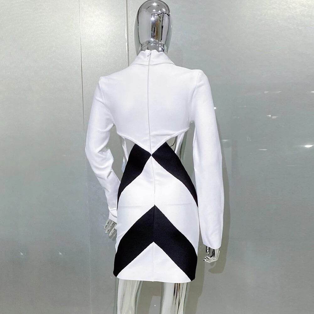Long Sleeve Black and White Contrast Hollow Mini Tight Bandage Dress - REBECATHELABEL