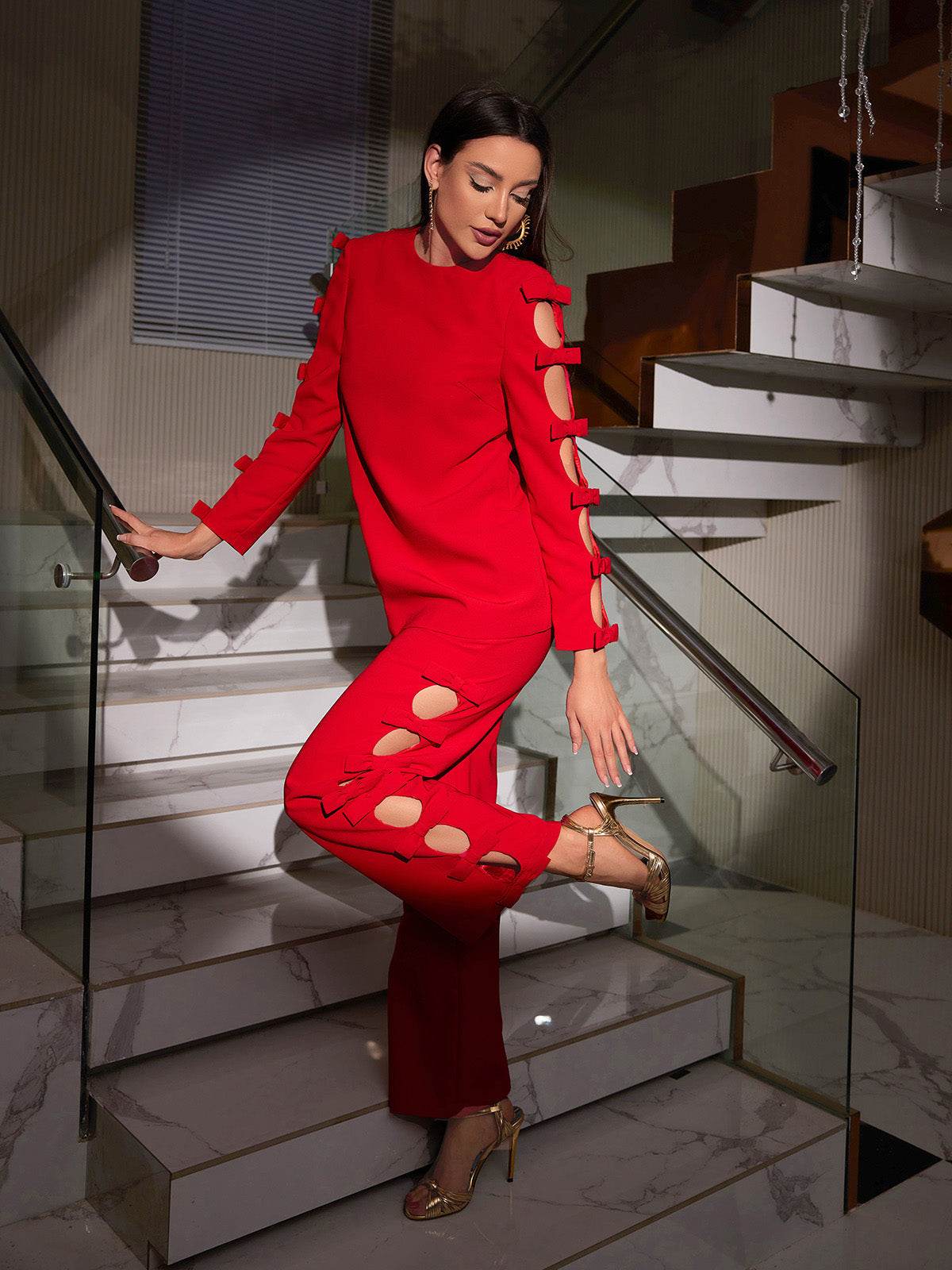 Long Sleeve Bow Cutout Pants Set - REBECATHELABEL