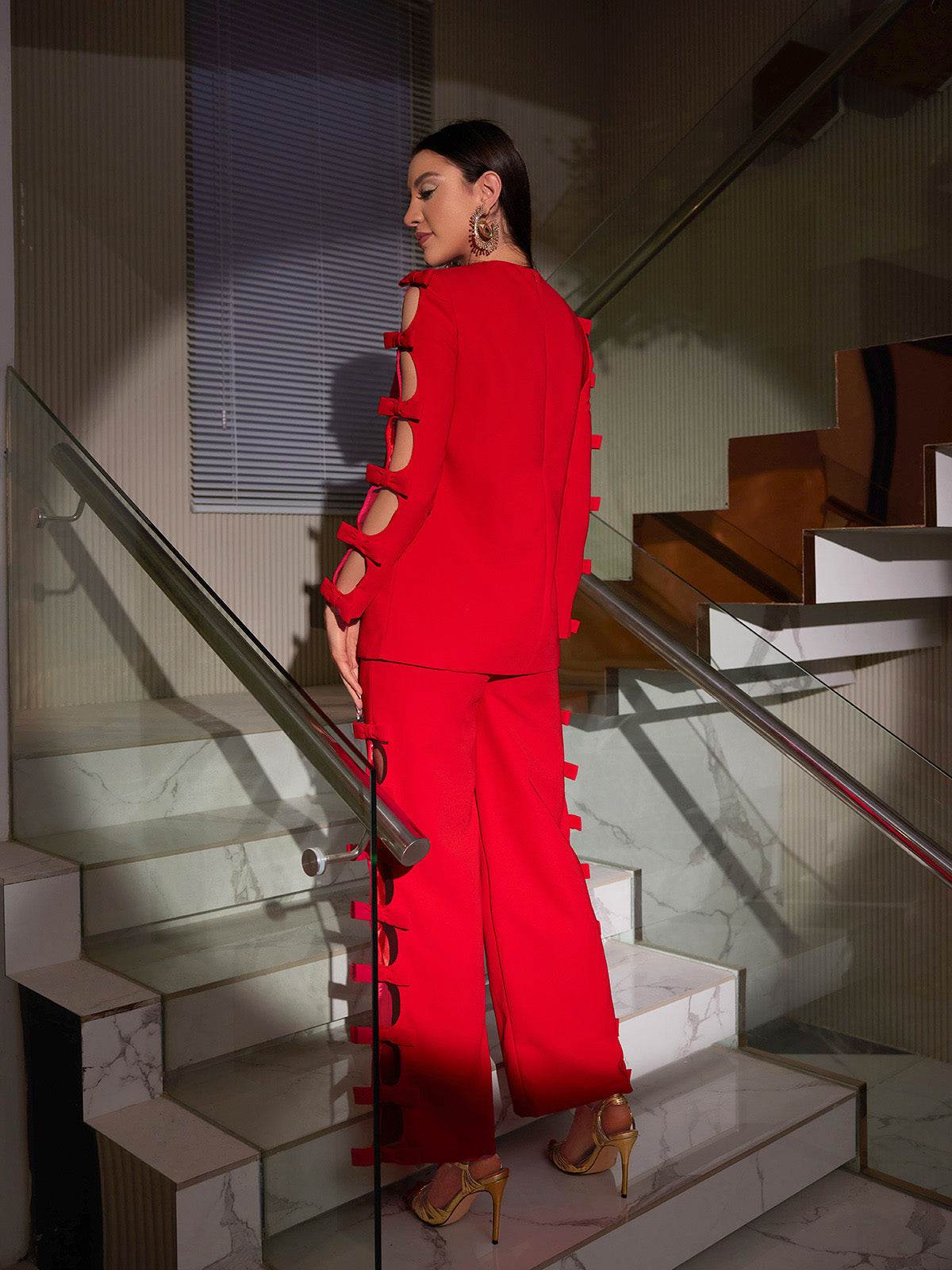 Long Sleeve Bow Cutout Pants Set - REBECATHELABEL