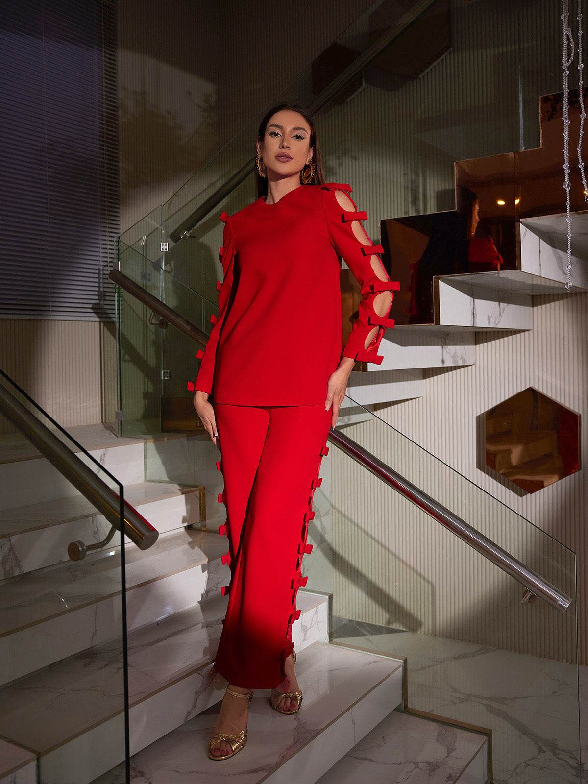 Long Sleeve Bow Cutout Pants Set - REBECATHELABEL