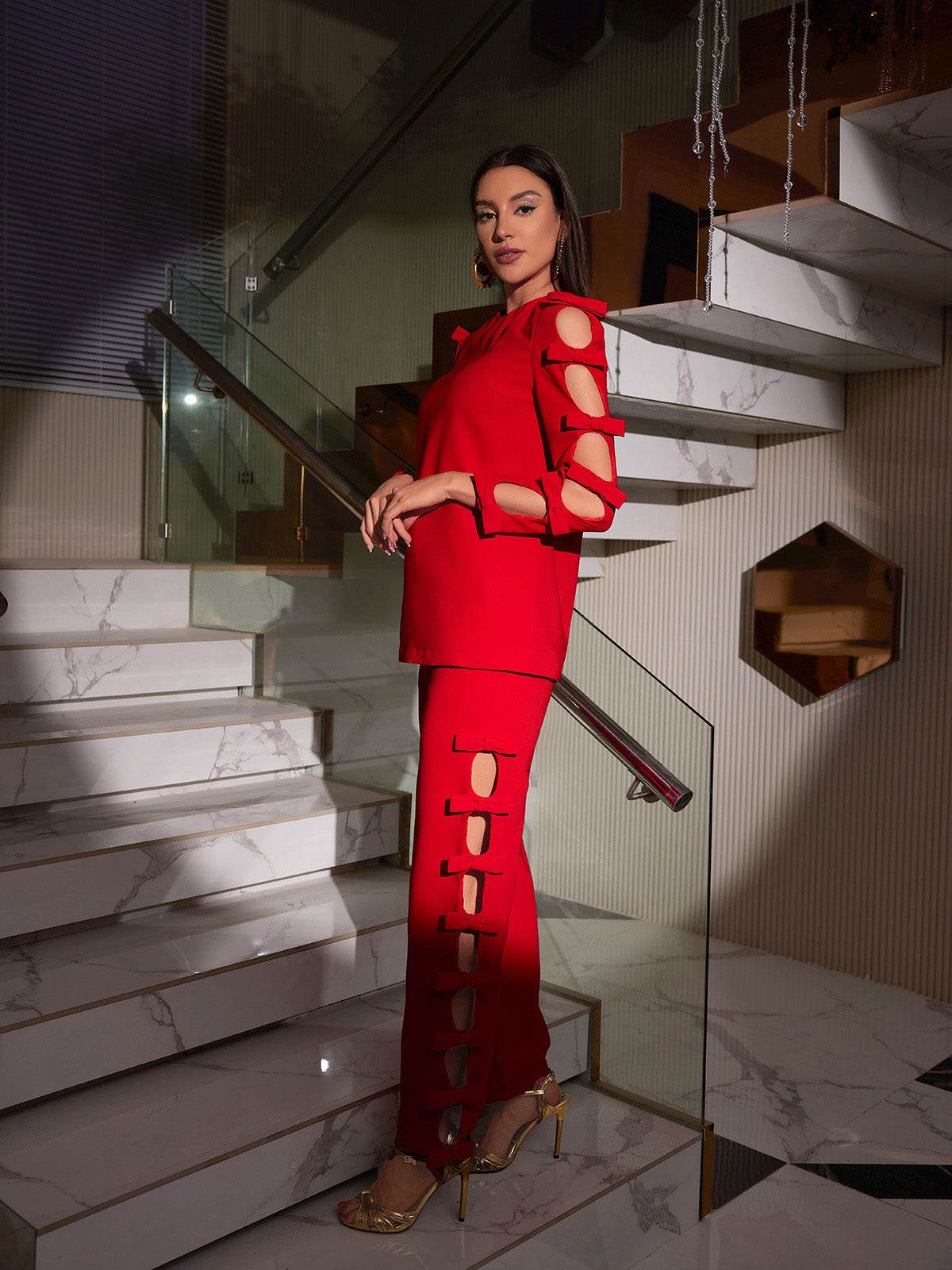 Long Sleeve Bow Cutout Pants Set - REBECATHELABEL