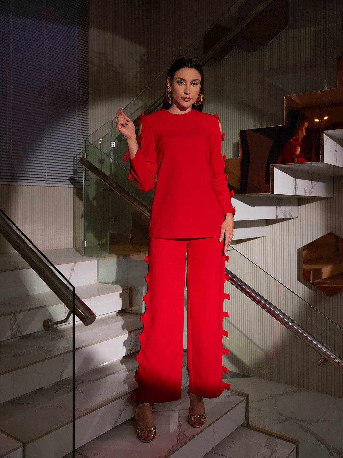 Long Sleeve Bow Cutout Pants Set - REBECATHELABEL