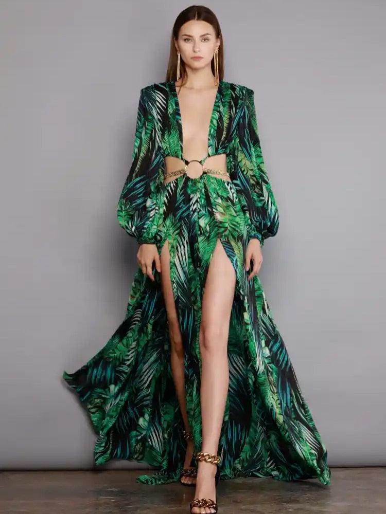 Long Sleeve Cutout Chain Patchwork Long Dress - REBECATHELABEL