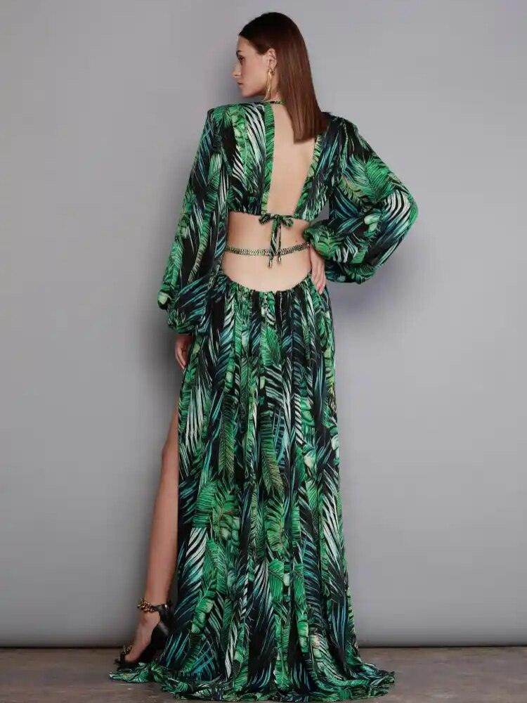 Long Sleeve Cutout Chain Patchwork Long Dress - REBECATHELABEL