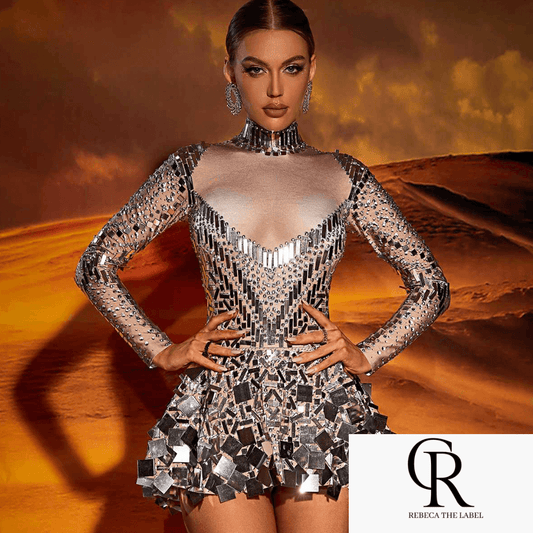 Long Sleeve Embellished Mini Dress - REBECATHELABEL