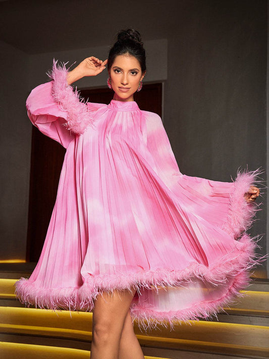 Long Sleeve Feather Mini Dress In Pink - REBECATHELABEL