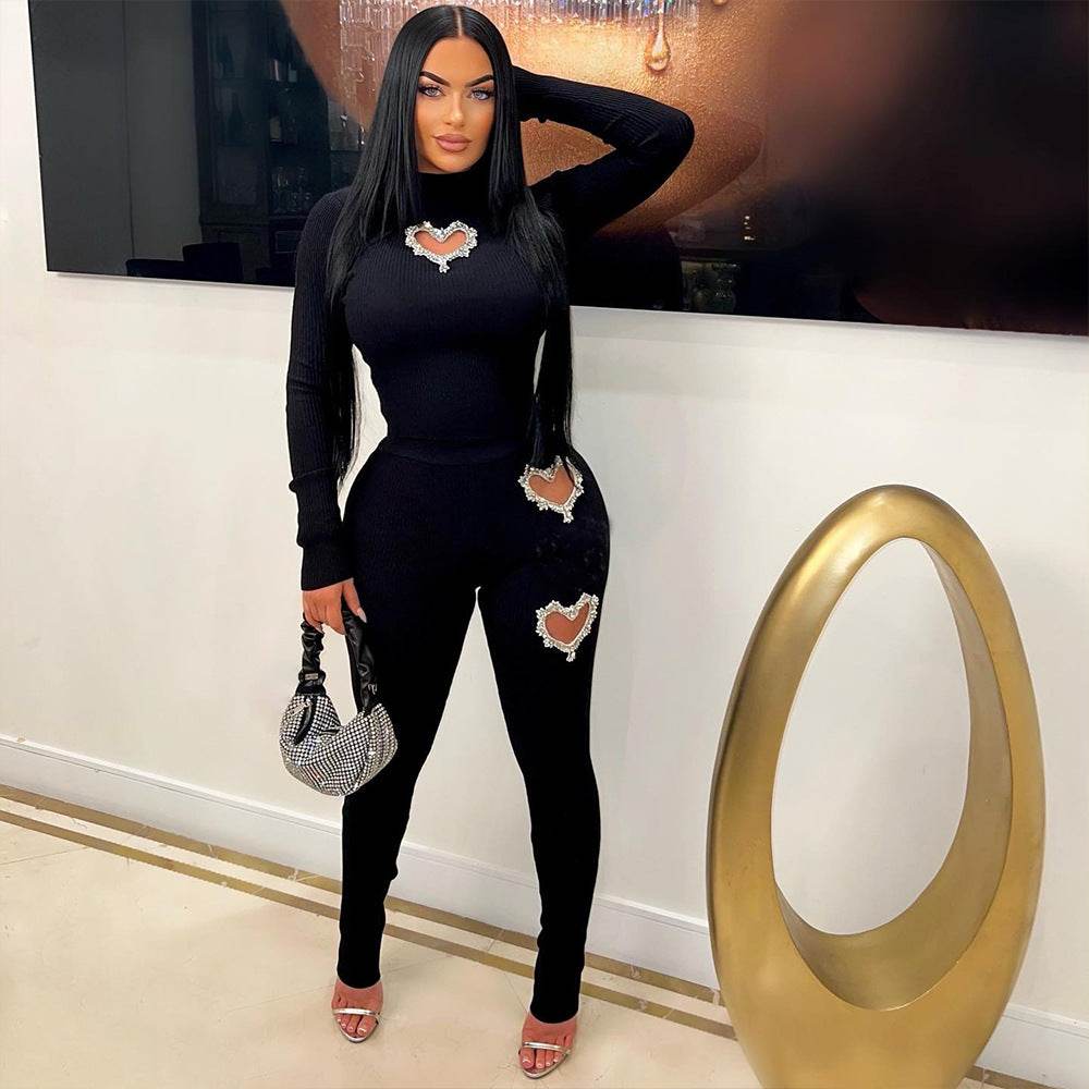 Long Sleeve Hollow Out Cutout Love Rhinestone Sexy Pants Suit - REBECATHELABEL