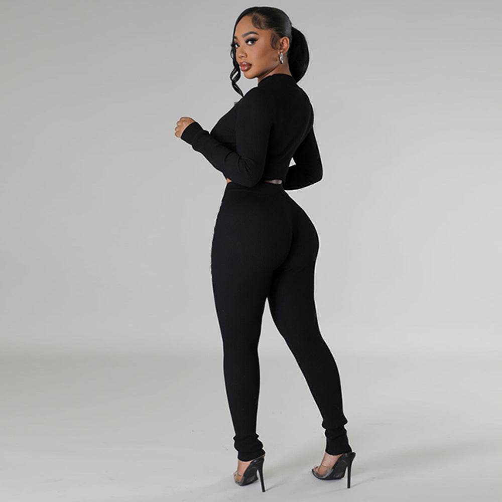 Long Sleeve Hollow Out Cutout Love Rhinestone Sexy Pants Suit - REBECATHELABEL