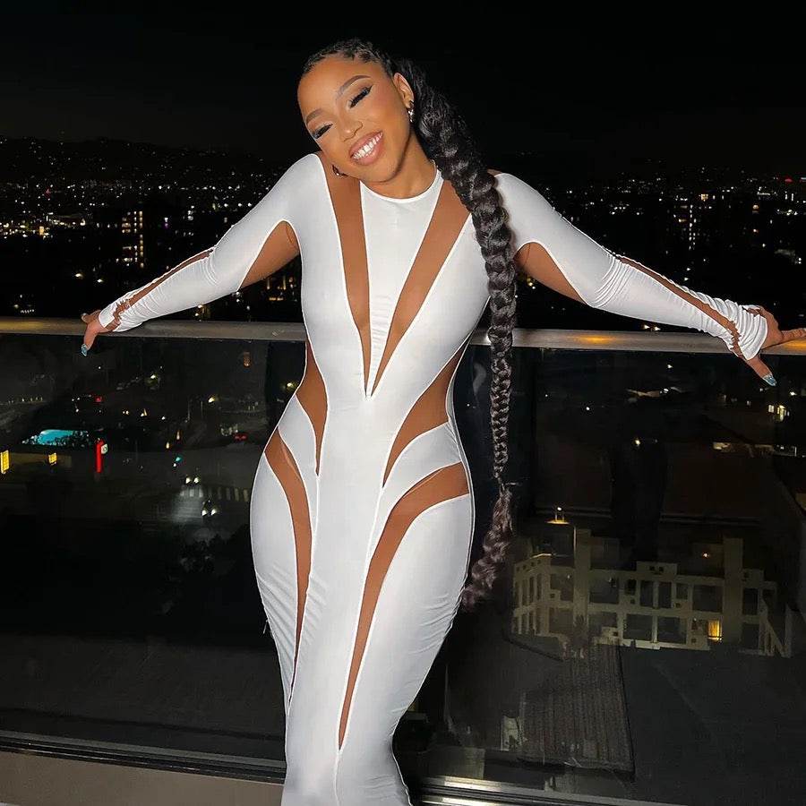 Long Sleeve Mesh Bodycon Maxi Dress In White - REBECATHELABEL