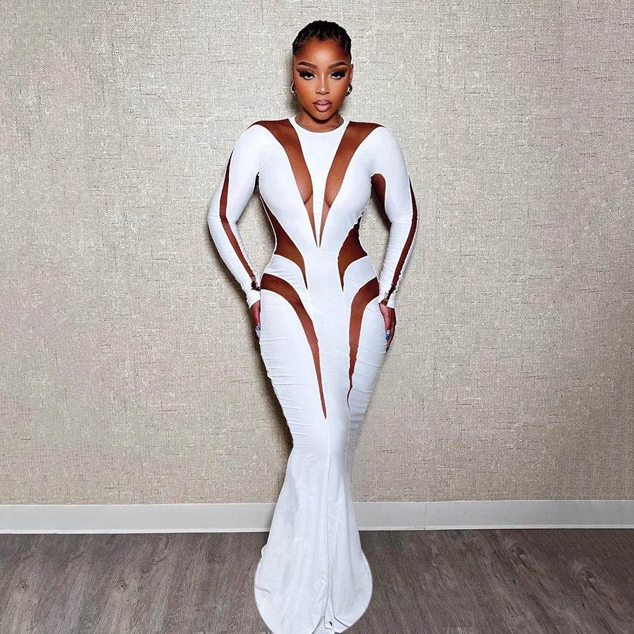 Long Sleeve Mesh Bodycon Maxi Dress In White - REBECATHELABEL